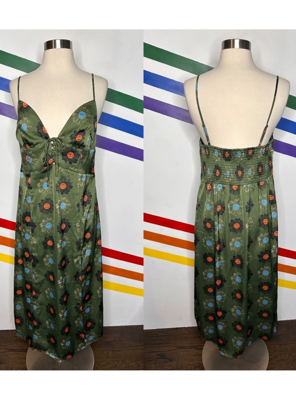 Urban Outfitters Green Mariah Lace-Up Midi Slip Dress all over daisy floral sz L
